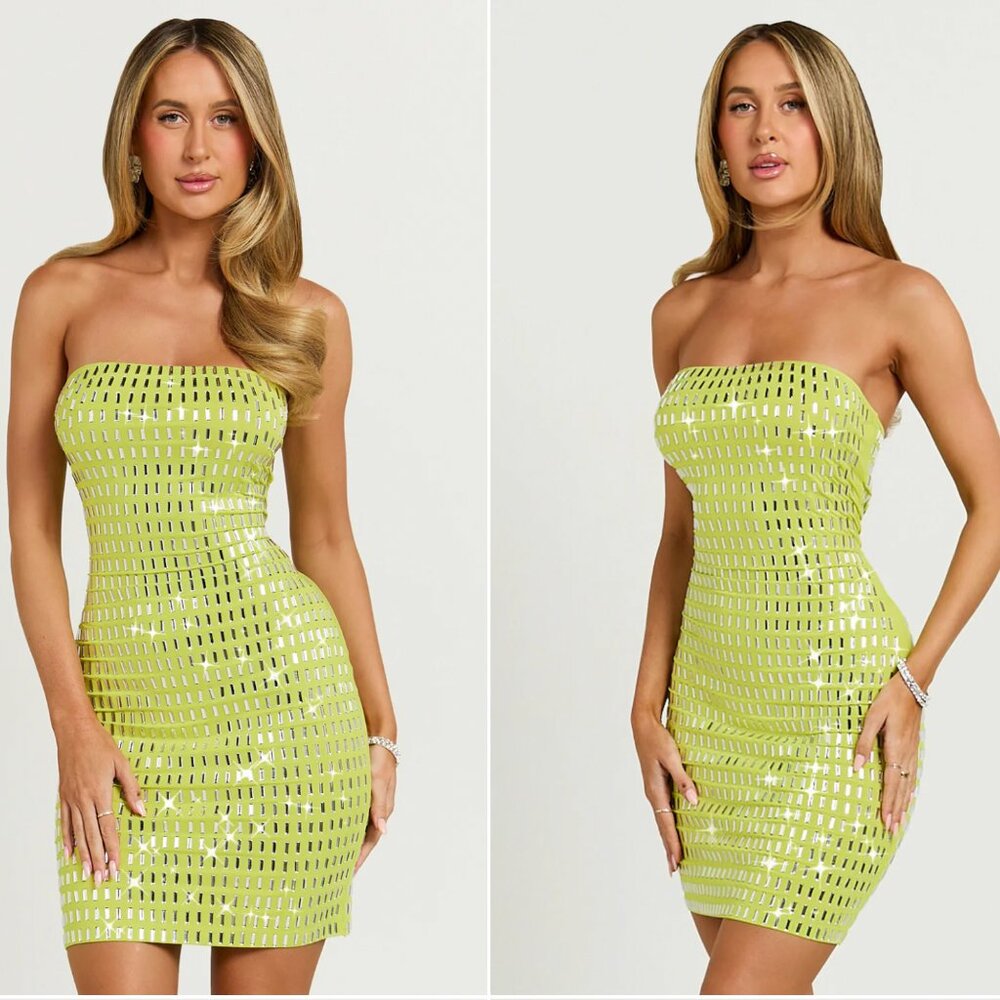 Showpo Joyce Mini Dress Heat Press Strapless Dress in Green